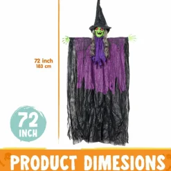 72 Inch Halloween Hanging Witch Decoration Outdoor, Life Size Flying Ghost Witch Prop with Sound Activated Light Up Eyes, Scary Haunted House Party Decor for Yard Garden Front Porch Door