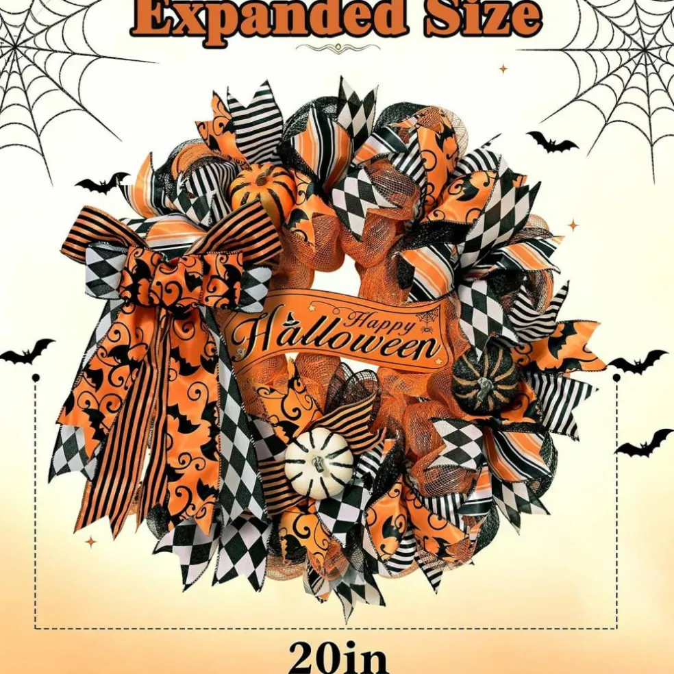 20-Inch Halloween Pumpkin Bow Door Wreath