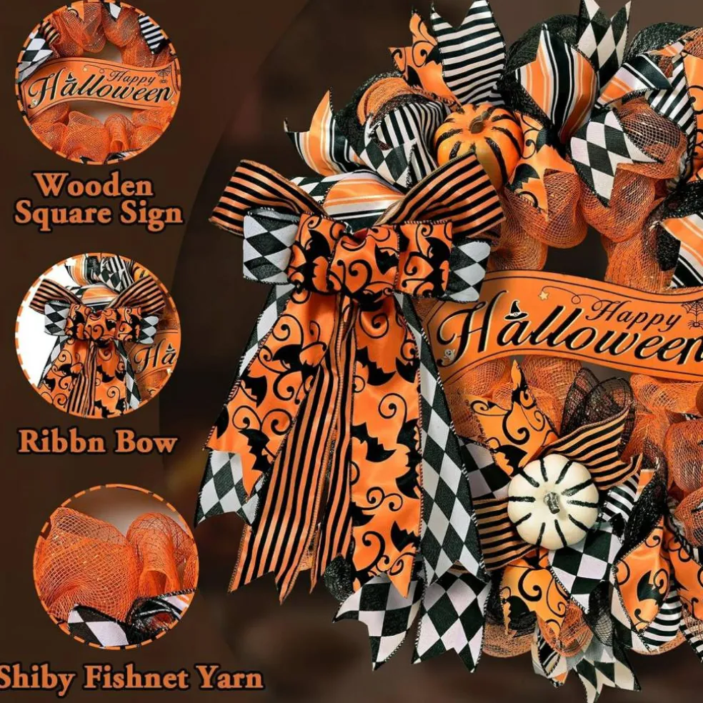 20-Inch Halloween Pumpkin Bow Door Wreath