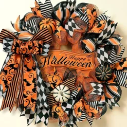 20-Inch Halloween Pumpkin Bow Door Wreath