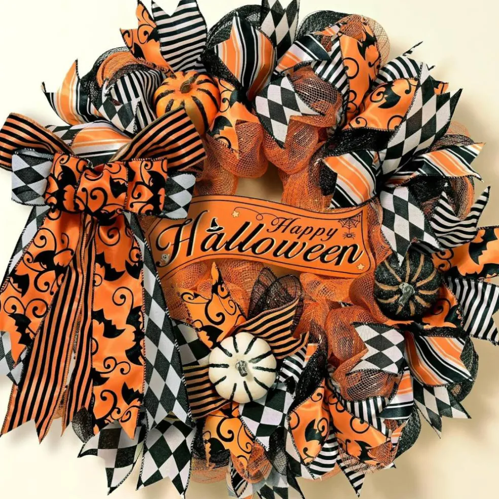 20-Inch Halloween Pumpkin Bow Door Wreath