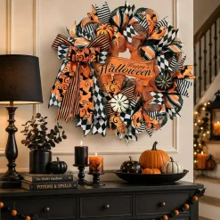20-Inch Halloween Pumpkin Bow Door Wreath
