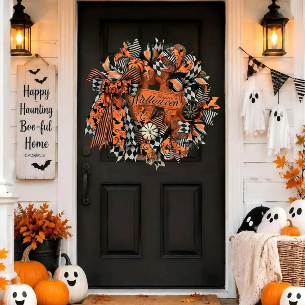 20-Inch Halloween Pumpkin Bow Door Wreath