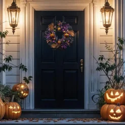 18 Inch Halloween Pumpkin Wreath Pre-Lit Jack O Lantern Front Door Decor with 20 LED Lights, Battery Operated Timer Function Autumn Fall Wreath for Window Wall Fireplace Party Home Decorations