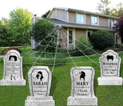 17 Inch Halloween Tombstones Decorations Outdoor, 4 Pack Witch-Themed Yard Signs with Stakes, Waterproof Graveyard Headstones, Scary Halloween Yard Decor for Lawn, Garden, Porch & Party