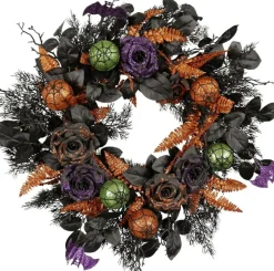 22 Inch Halloween Wreath for Front Door, Black Purple Glitter Rose Wreath with Bats & Sparkling Ornaments, Gothic Spooky Outdoor Indoor Halloween Party Decorations