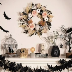 18 Inch Halloween Wreath with Lights Pre-Lit Pumpkin Skull & Pink Rose Fall Door Wreath, LED Autumn Front Door Porch Wall Table Centerpiece Halloween Home Decoration with Timer