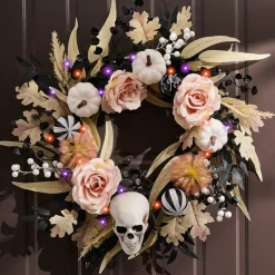 18 Inch Halloween Wreath with Lights Pre-Lit Pumpkin Skull & Pink Rose Fall Door Wreath, LED Autumn Front Door Porch Wall Table Centerpiece Halloween Home Decoration with Timer