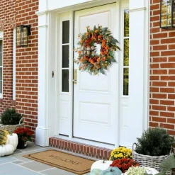 24 Inch Harvest Fall Wreaths for Front Door Outside with Bow & Red Berries