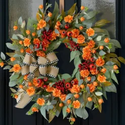 24 Inch Harvest Fall Wreaths for Front Door Outside with Bow & Red Berries