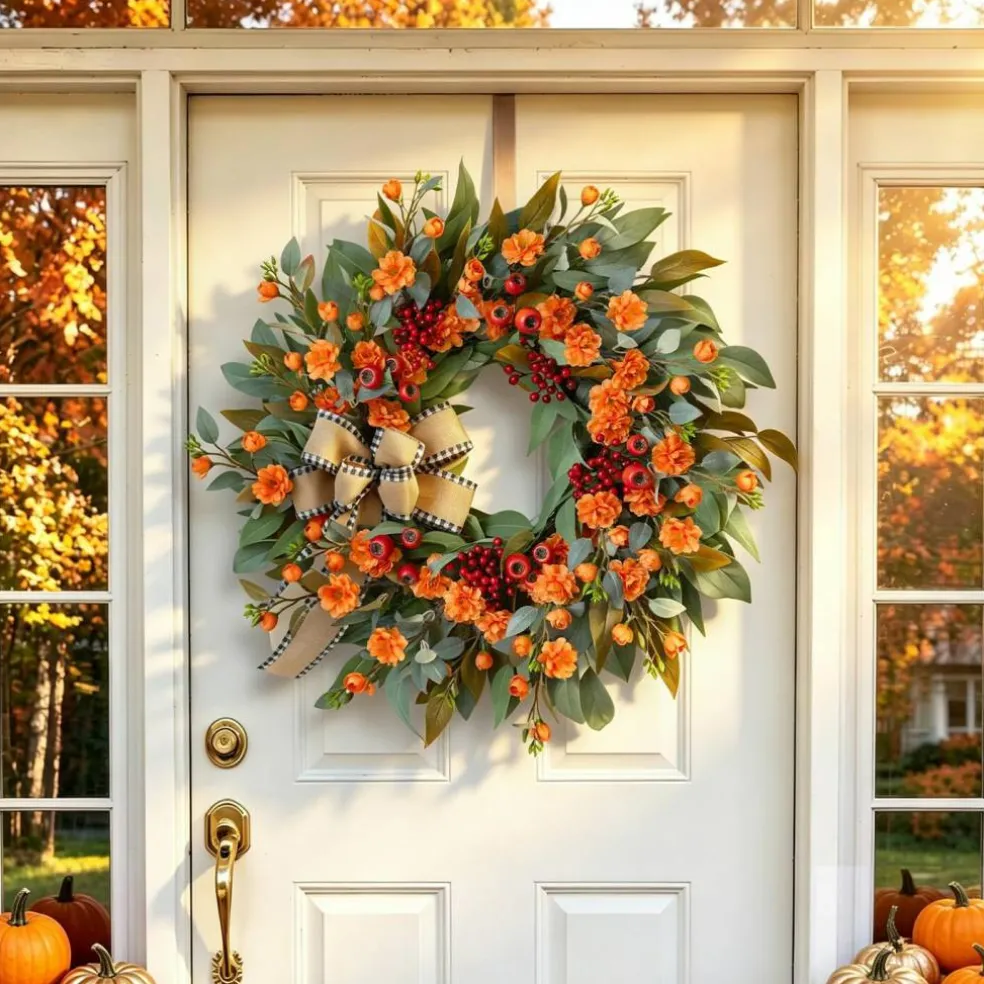 24 Inch Harvest Fall Wreaths for Front Door Outside with Bow & Red Berries