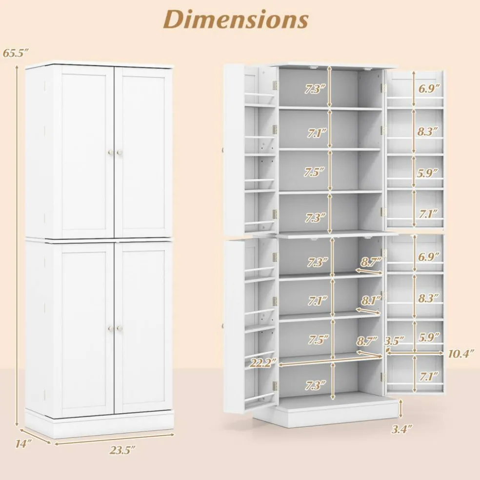65.5 Inch Kitchen Pantry Cabinet 4-Door Storage Cupboard with Adjustable Shelves and Door Racks
