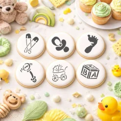 3-Inch Large Baby Cookie & Cupcake Stencils: Baby Carriage, Rattle, Pacifier, Block, Diaper Pins, Footprint | C197 by Designer Stencils |
