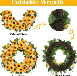 24 Inch Large Sunflower Wreath for Front Door, Summer Faux Flower Wreath with Peonies, UV Resistant Artificial Floral Door Wreath for Porch, Wall, Farmhouse, Window, Fall Home Decor, Indoor Outdoor Decoration
