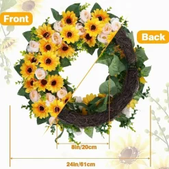 24 Inch Large Sunflower Wreath for Front Door, Summer Faux Flower Wreath with Peonies, UV Resistant Artificial Floral Door Wreath for Porch, Wall, Farmhouse, Window, Fall Home Decor, Indoor Outdoor Decoration
