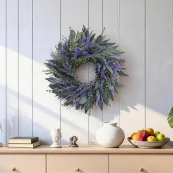 26 Inch Lavender Eucalyptus Wreath for Front Door, Large Artificial Spring Summer Wreath with Purple Lavender and Greenery Leaves, Farmhouse Outdoor Indoor Wall Porch All Seasons Home Decor