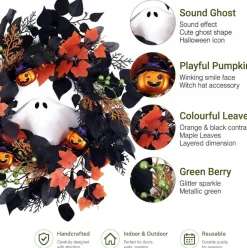 20-Inch Lighted Ghost Pumpkin Halloween Wreath