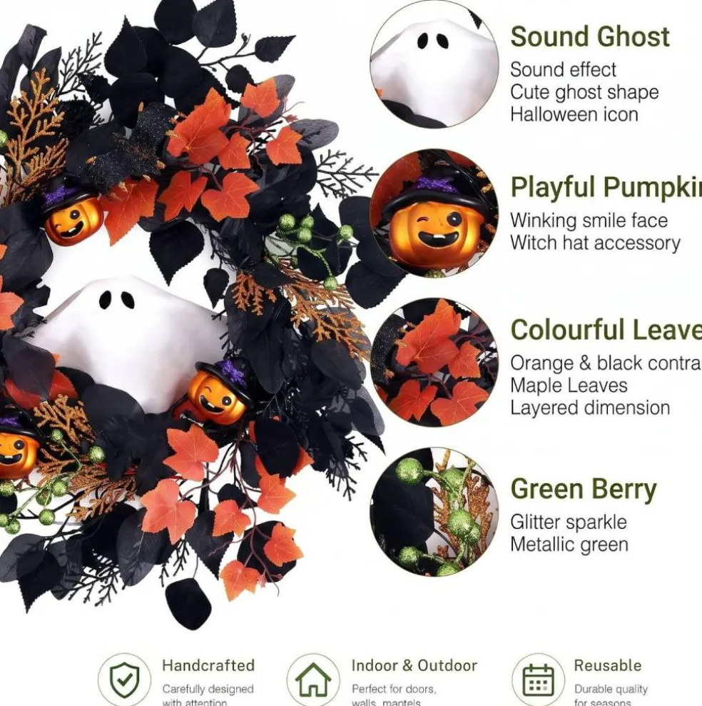 20-Inch Lighted Ghost Pumpkin Halloween Wreath