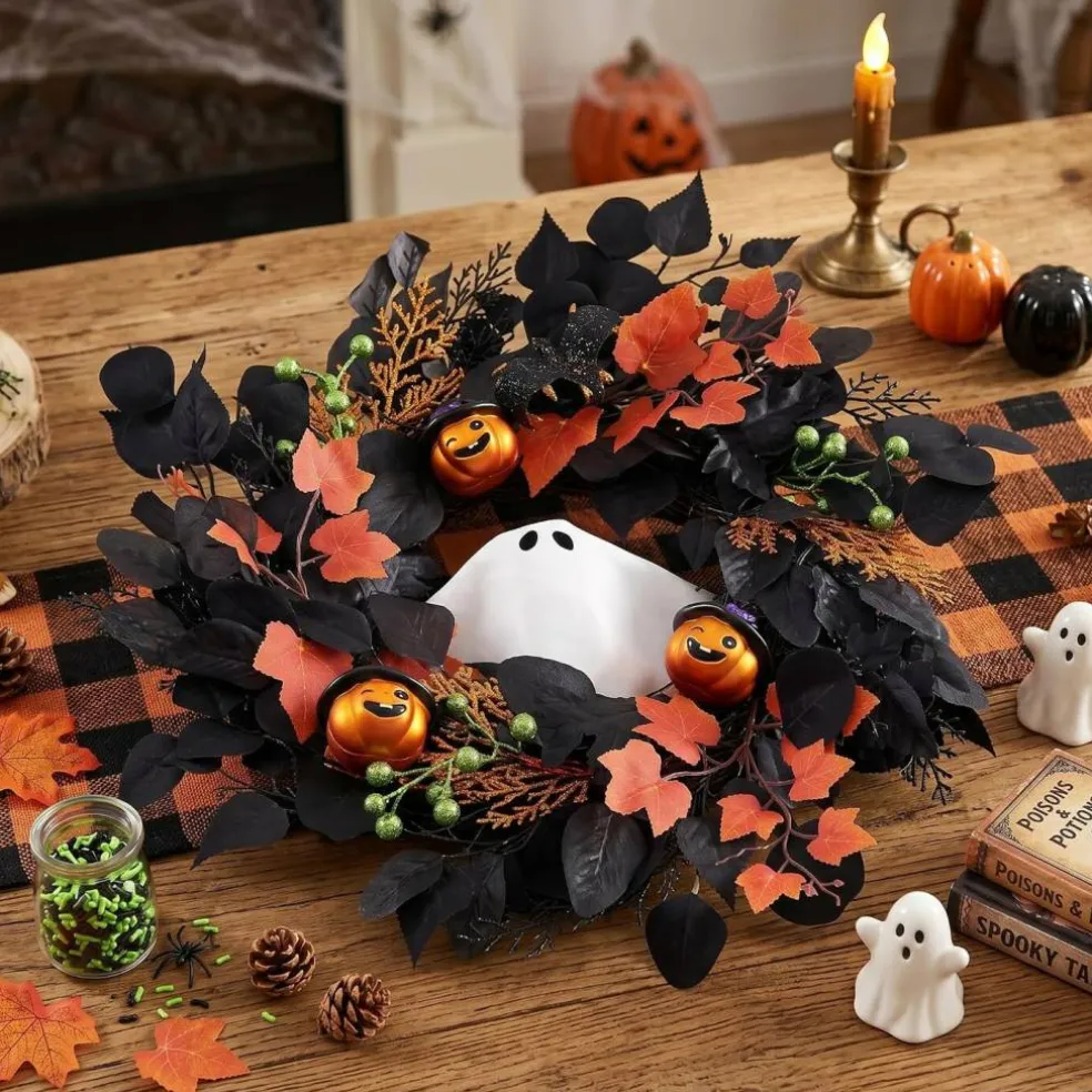 20-Inch Lighted Ghost Pumpkin Halloween Wreath