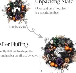 18 Inch Lighted Halloween Wreath for Front Door, Pre-Lit Autumn Black & Orange Wreath with Crow, Pumpkin and Rose Accents, Spooky Indoor Outdoor Wall Fireplace Decor, Halloween Party Decoration