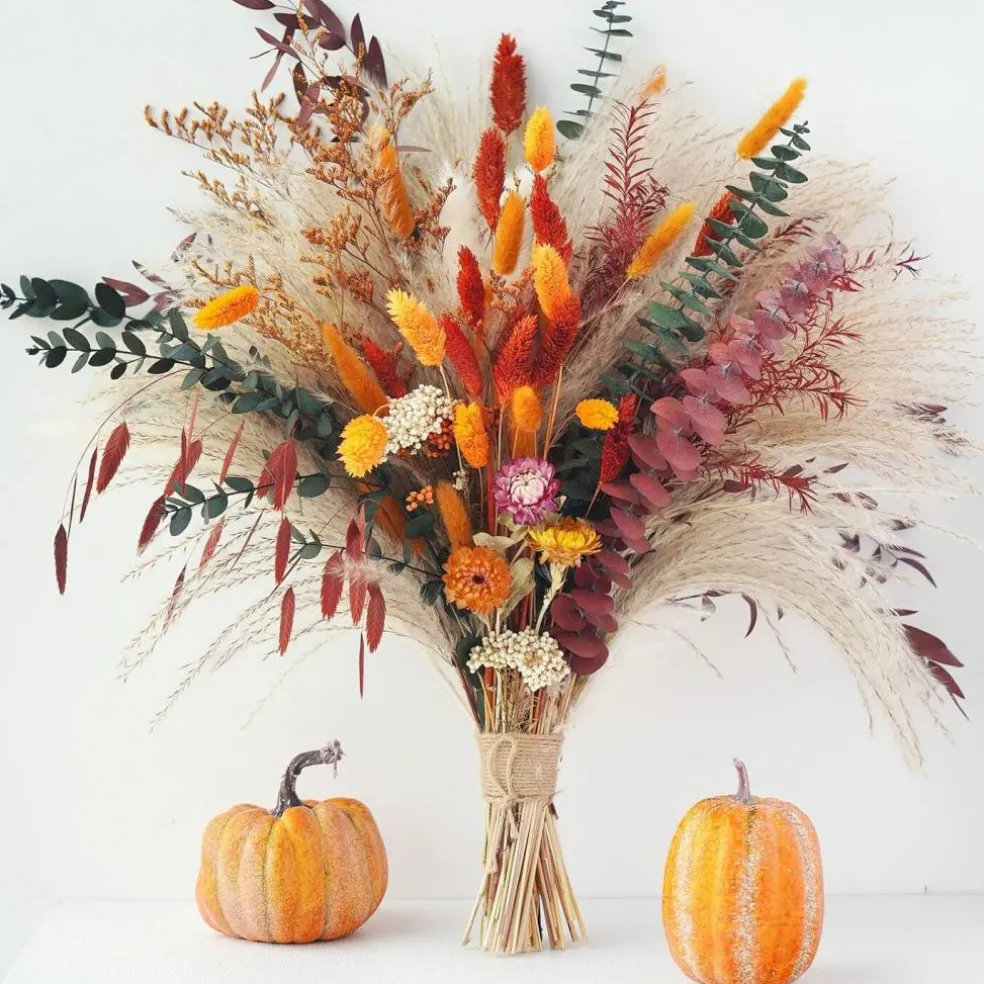 17 Inch Orange Dried Pampas Grass Bouquet Fall Decor Autumn Floral Arrangement Thanksgiving Halloween Christmas Home Vase Centerpiece