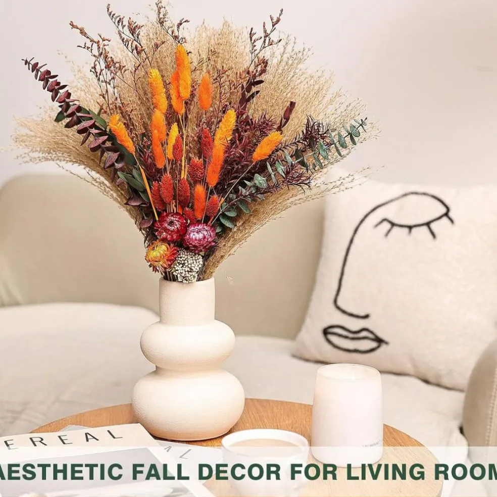 17 Inch Orange Dried Pampas Grass Bouquet Fall Decor Autumn Floral Arrangement Thanksgiving Halloween Christmas Home Vase Centerpiece