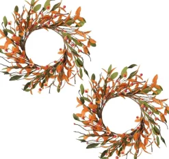 14 Inch 2 Pack Fall Wreaths for Front Door, Artificial Autumn Leaf Berry Wreath with Orange Foliage for Thanksgiving Farmhouse Home Decor