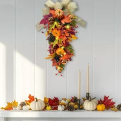 24 Inch Pre-Lit Fall Teardrop Swag with 15 LED Lights, Pumpkin Maple Leaf Pinecone Door Swag with Burlap Bow for Thanksgiving Decor
