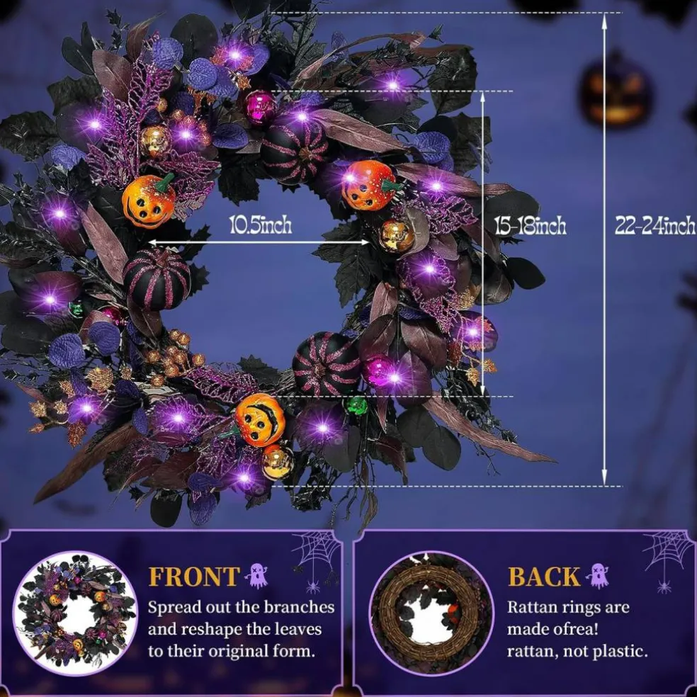 24 Inch Pre Lit Halloween Pumpkin Wreath