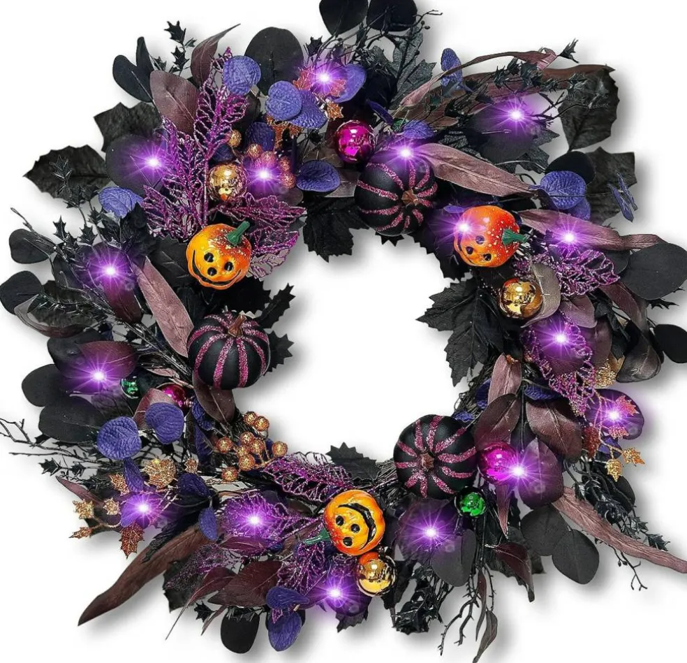 24 Inch Pre Lit Halloween Pumpkin Wreath