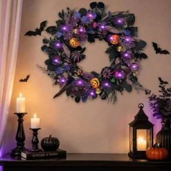 24 Inch Pre Lit Halloween Pumpkin Wreath
