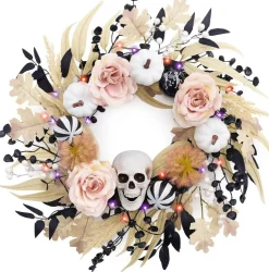 24 Inch Pre Lit Halloween White Pumpkin Skull Wreath with Lights Collapsible Front Door Wreath Pink Roses Fall Autumn Halloween Decorations for Table Centerpiece Wall Window