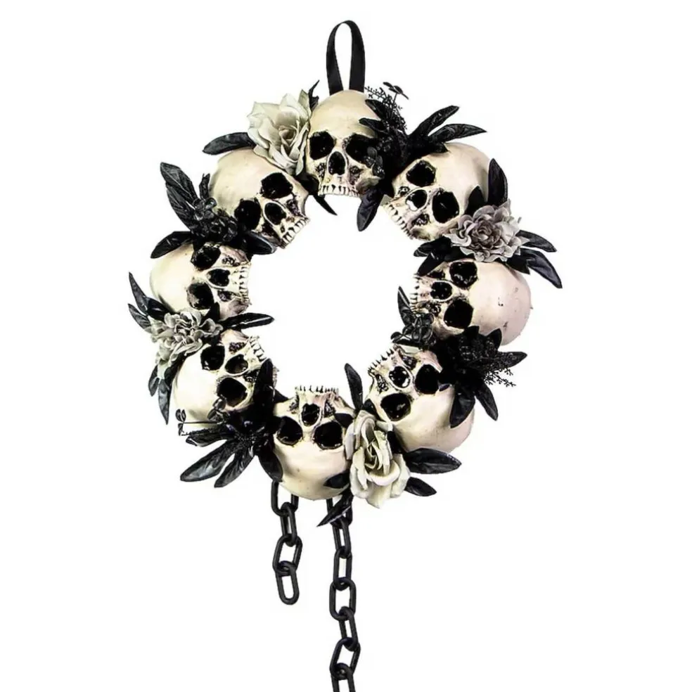 15 Inch Skulls Chains Gray Roses Halloween Wreath