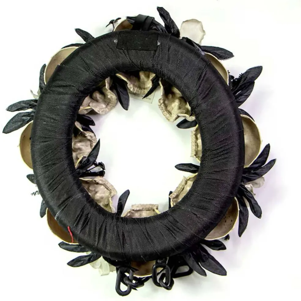 15 Inch Skulls Chains Gray Roses Halloween Wreath