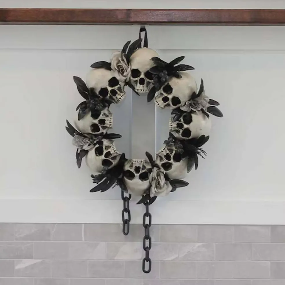 15 Inch Skulls Chains Gray Roses Halloween Wreath