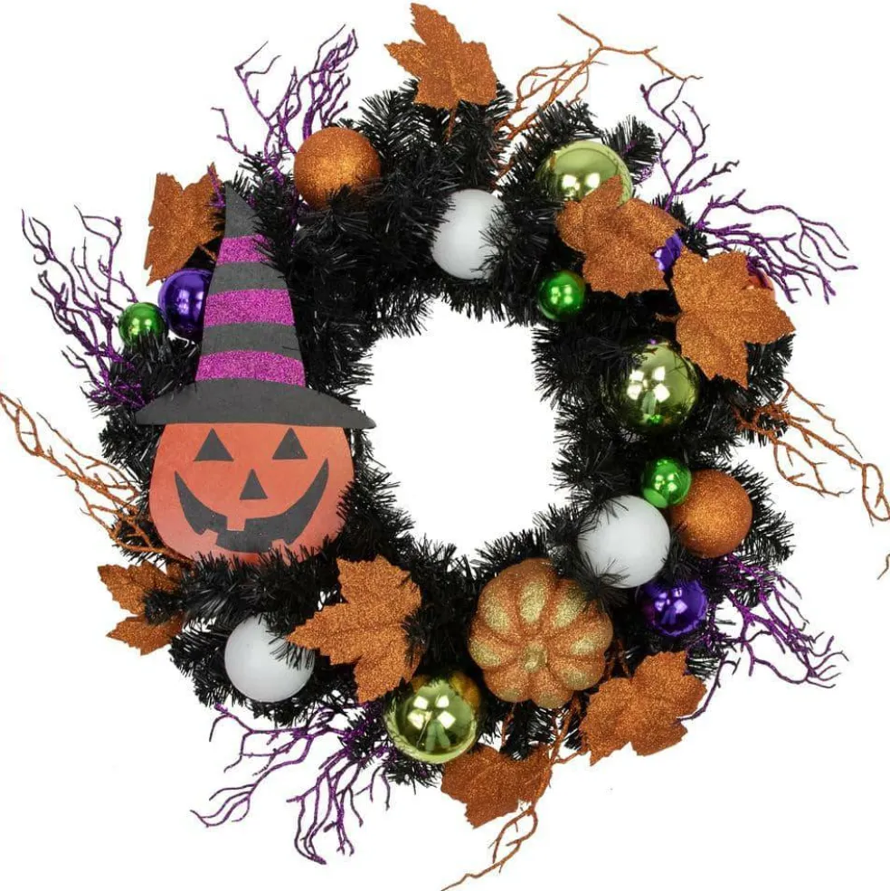 24 Inch Spooky Halloween Jack-O'-Lantern Wreath with Witch Hat Door Wall Decoration