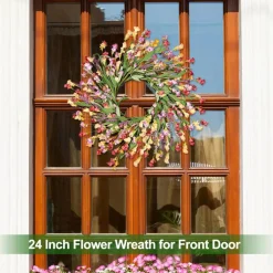 24 Inch Spring Summer Floral Wreath for Front Door, Artificial Wildflower Wreath with Berries and Greenery, Farmhouse Outdoor Indoor Porch Wall Window Decoration