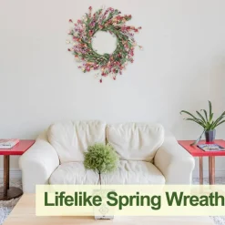 22 Inch Spring Summer Front Door Wreath with Sunflowers & Daisies, Eucalyptus Mixed Floral Wreath with Fairy Lights, Artificial Farmhouse Hanging Decor for Porch, Indoor Outdoor Easter Spring Home Decoration