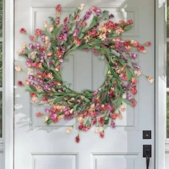 22 Inch Spring Summer Front Door Wreath with Sunflowers & Daisies, Eucalyptus Mixed Floral Wreath with Fairy Lights, Artificial Farmhouse Hanging Decor for Porch, Indoor Outdoor Easter Spring Home Decoration