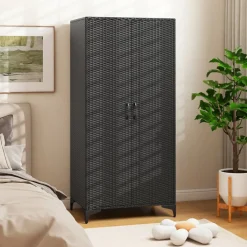 62 Inch Wicker Wardrobe with 2 Doors PE Rattan Closet with Hanging Rod - 28.5" x 19.5" x 62" (L x W x H)