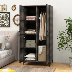 62 Inch Wicker Wardrobe with 2 Doors PE Rattan Closet with Hanging Rod - 28.5" x 19.5" x 62" (L x W x H)