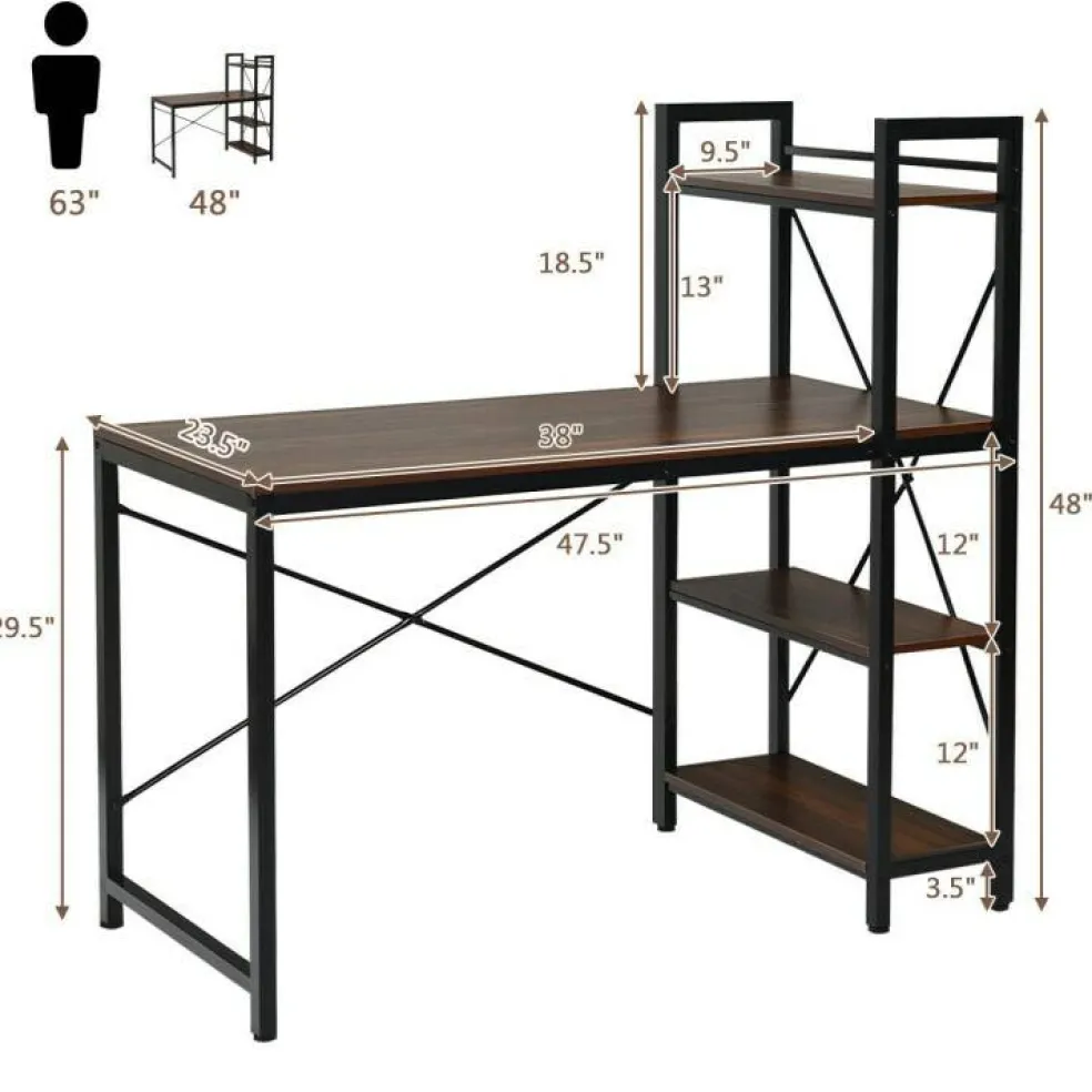 47.5 Inch Writing Study Computer Desk with 4-Tier Shelves