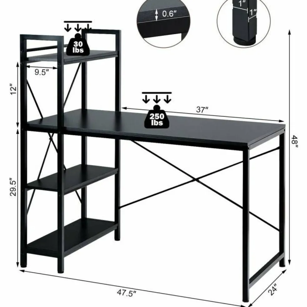 47.5 Inch Writing Study Computer Desk with 4-Tier Shelves