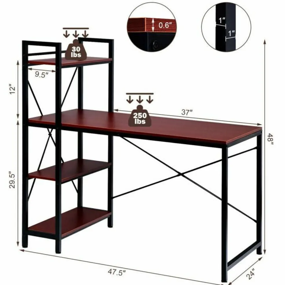 47.5 Inch Writing Study Computer Desk with 4-Tier Shelves