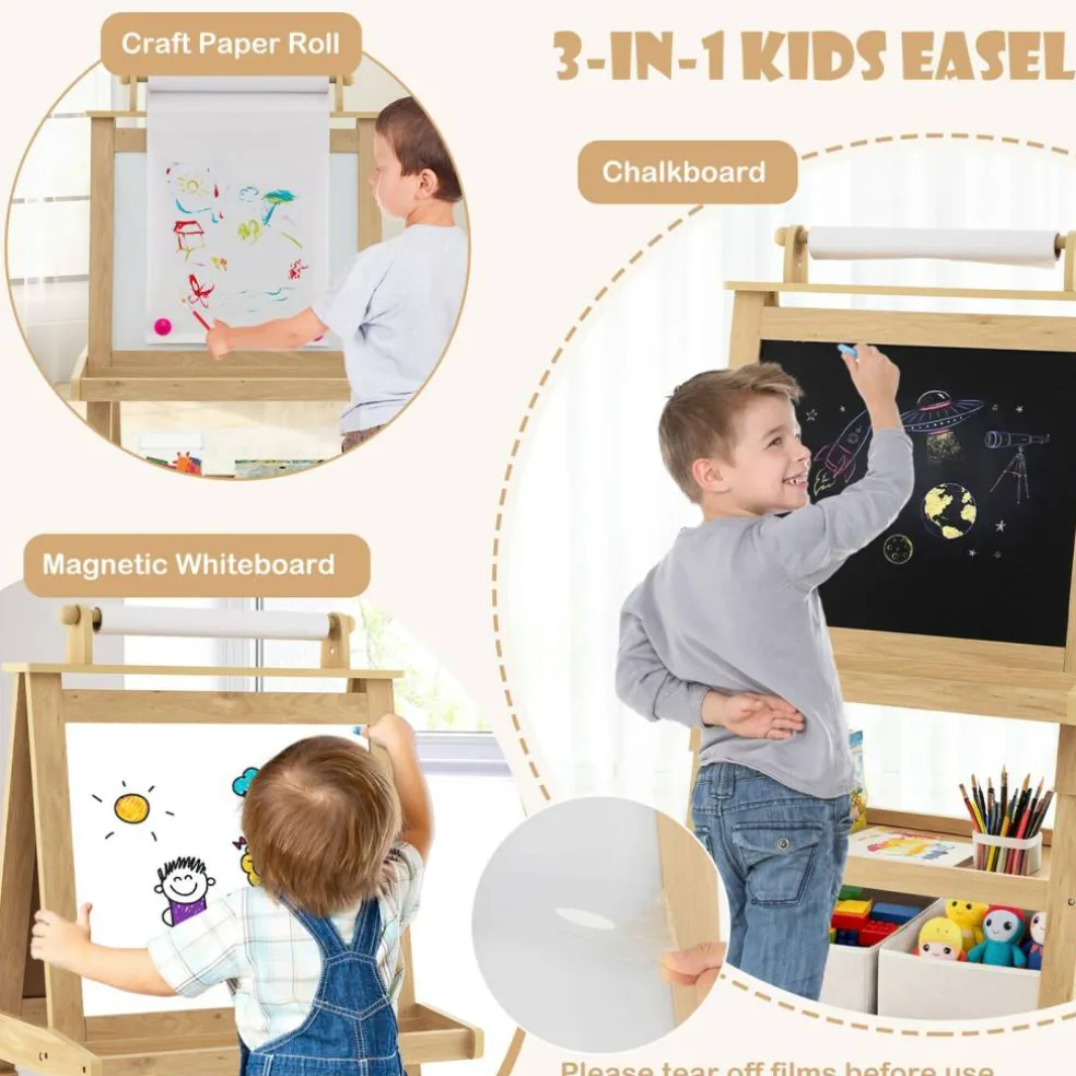 3-in-1 Double-Sided Storage Art Easel-Natural