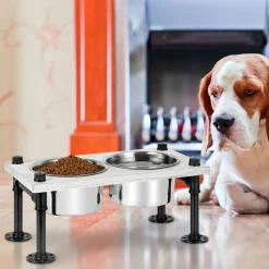 Industrial Style Raised Pet Feeder, Weathered Wood Dog Food & Water Bowl Stand