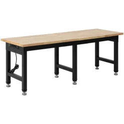 Industrial Work Bench with 6 Position Height Adjustment, 5000 lb Load Capacity, Oak Tabletop Workshop Desk with Tool Organizer