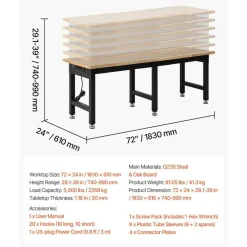 Industrial Work Bench with 6 Position Height Adjustment, 5000 lb Load Capacity, Oak Tabletop Workshop Desk with Tool Organizer