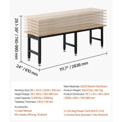 Industrial Work Bench with 6 Position Height Adjustment, 5000 lb Load Capacity, Oak Tabletop Workshop Desk with Tool Organizer