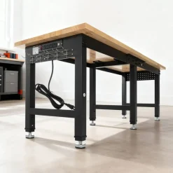 Industrial Work Bench with 6 Position Height Adjustment, 5000 lb Load Capacity, Oak Tabletop Workshop Desk with Tool Organizer